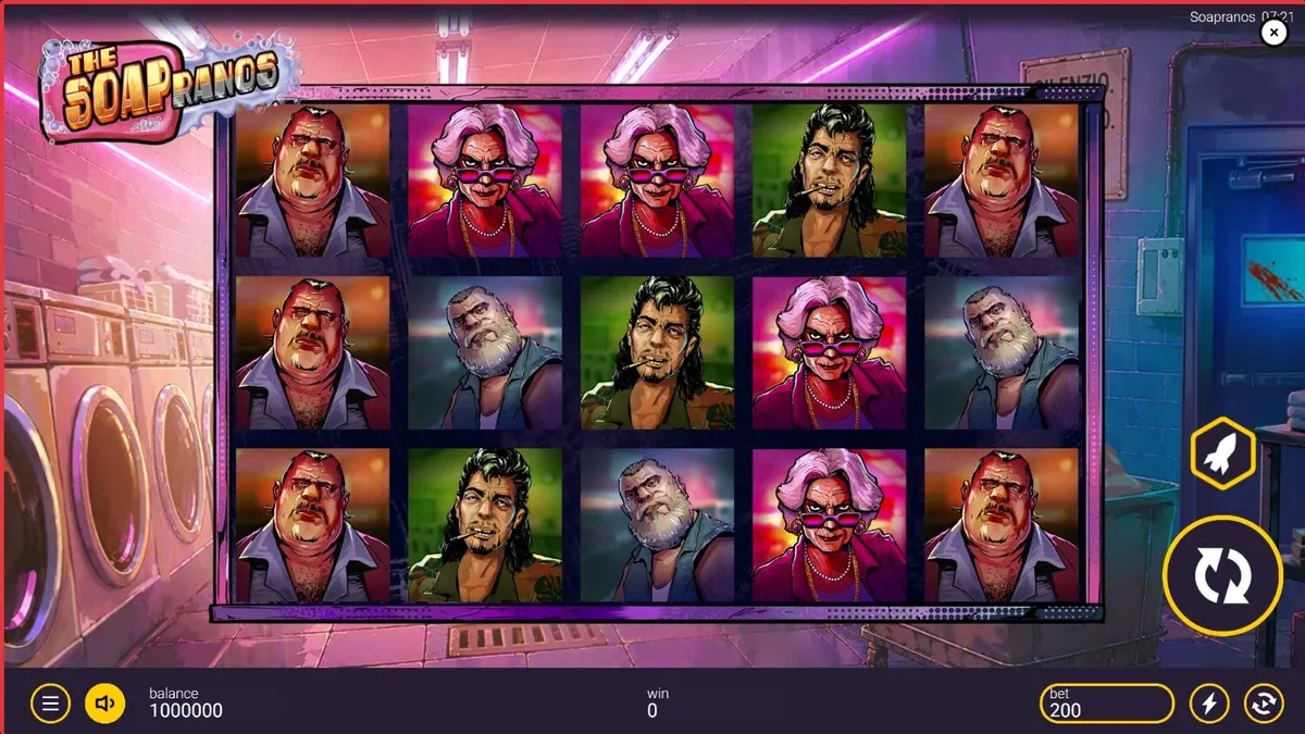Interface do slot The Soapranos com elementos de lavanderia e temática mafiosa